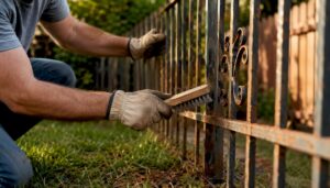 Hands wire brushing rust off iron fence - iron fence repair