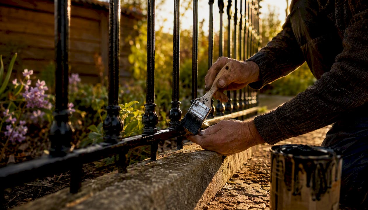 Hands brushing protective paint on iron fence