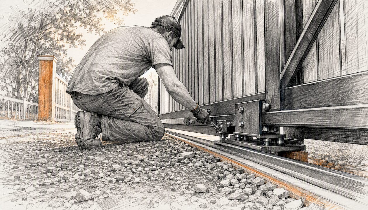 Technician adjusting sliding gate track on narrow driveway