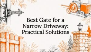 Decorative title card illustration of gates and driveway elements - gate for narrow driveway