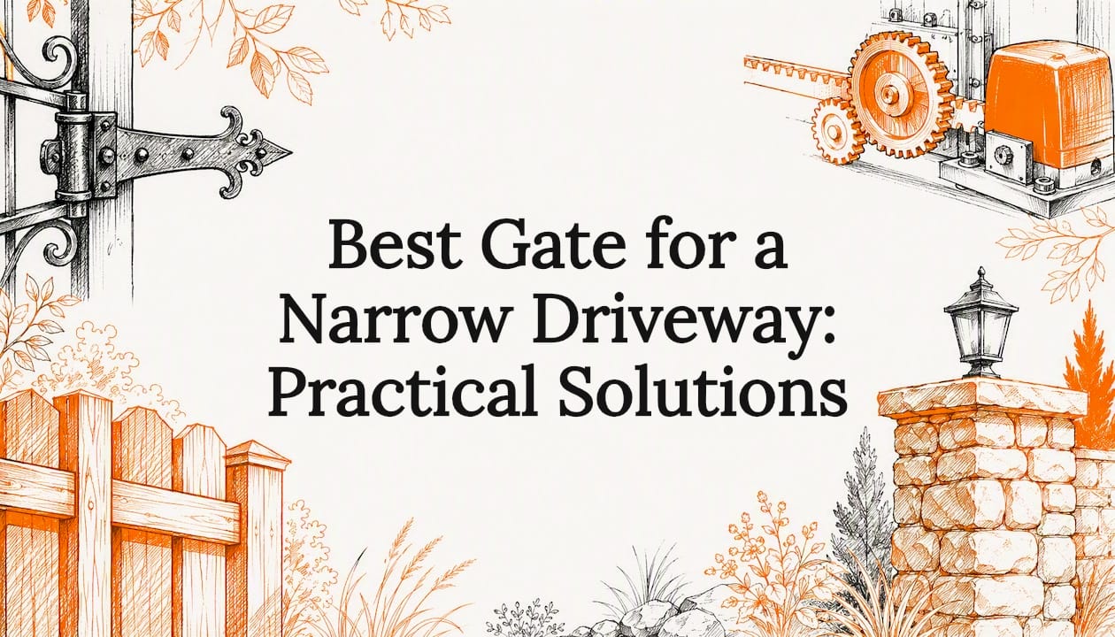 Decorative title card illustration of gates and driveway elements - gate for narrow driveway