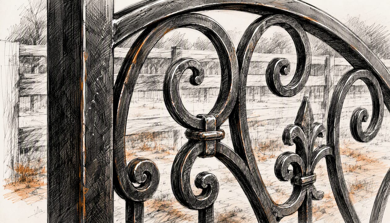 Close-up of wrought iron gate coating and texture