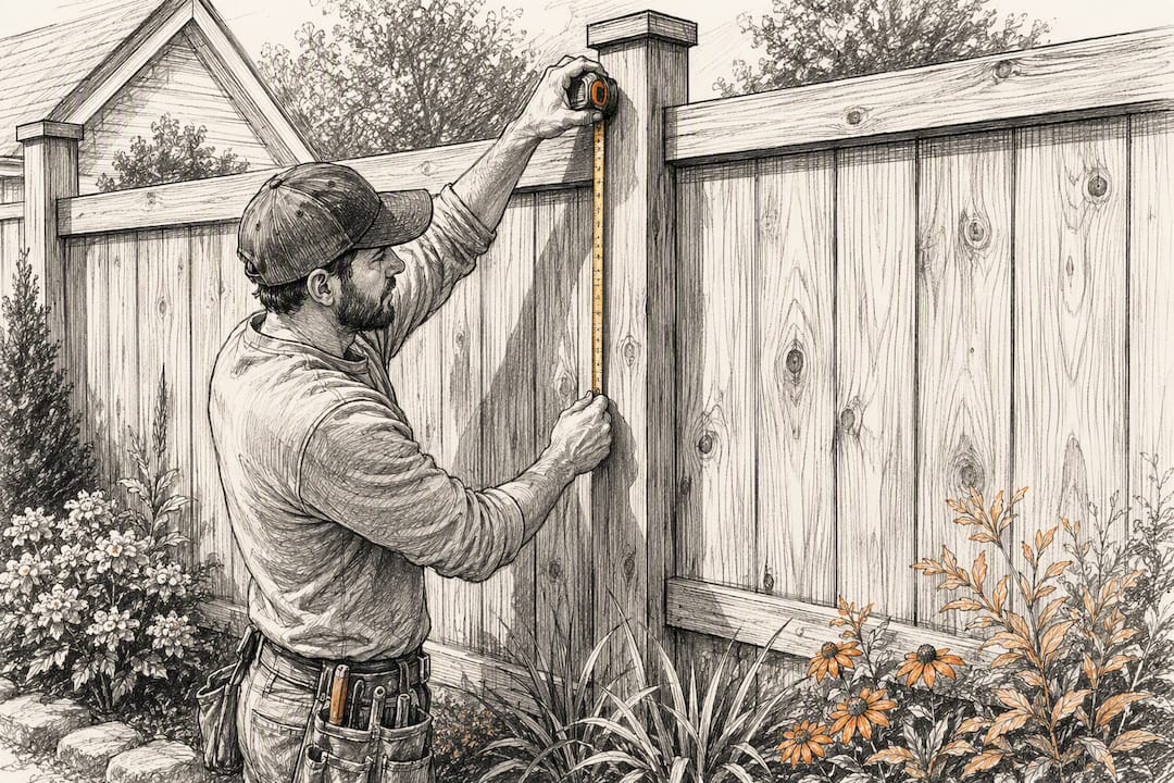Craftsman measuring six-foot cedar privacy fence height