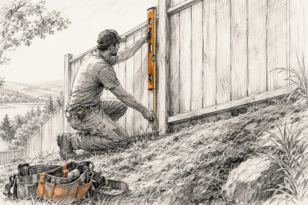 Installer measuring fence height on sloped ground - privacy fence height