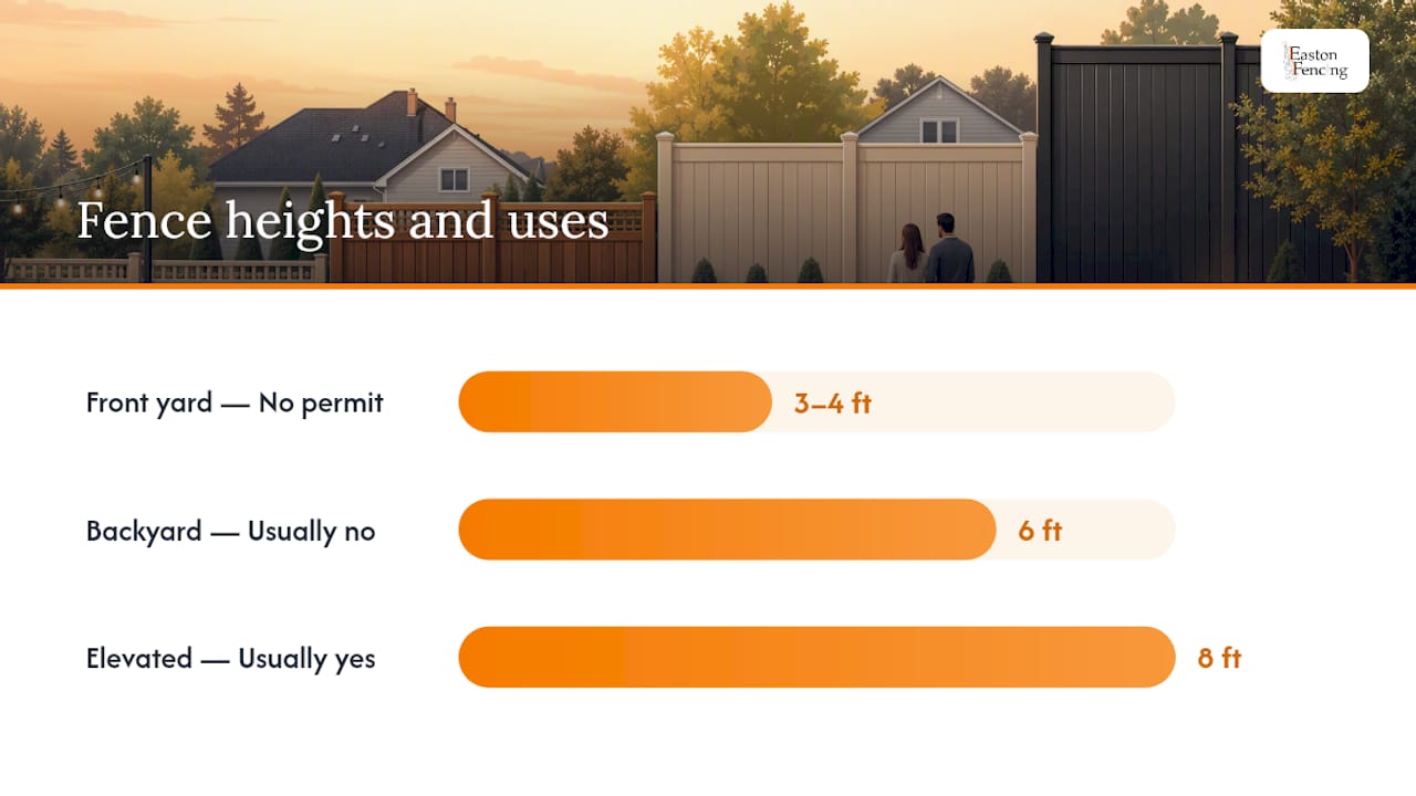 Comparison chart of fence heights with uses and permit info - privacy fence height