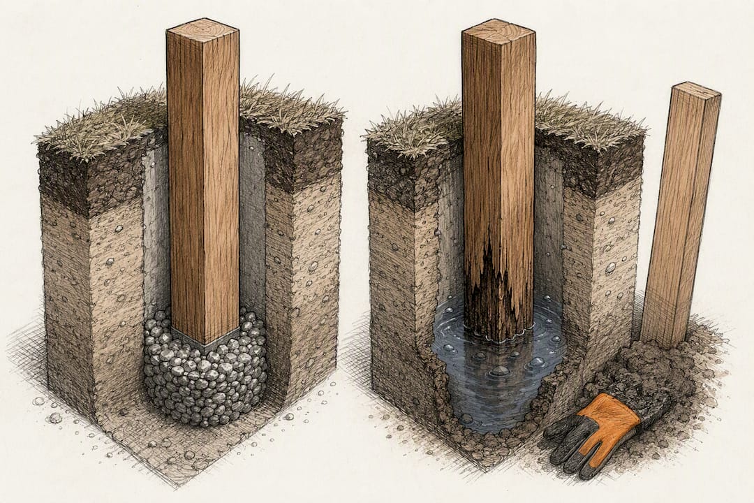 Cutaway illustration of fence post drainage