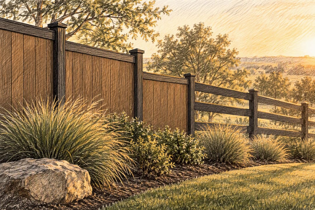 Stepped and raked fence on sloped landscape