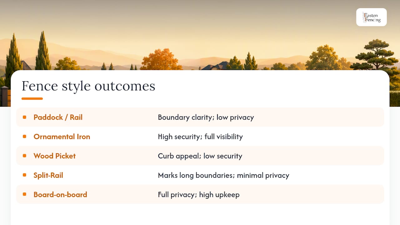 Comparison of six estate fence styles